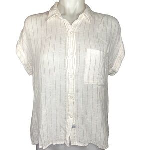 Rails Linen Button Down Shirt Off White Neutral Rose Gold Stripes Short Sleeve